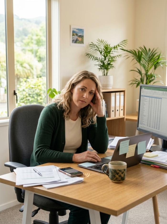 A realistic cinematic scene of a small business professional a woman in her late 30s European appearance smart casual sitting at a cluttered desk looking slightly overwhelmed but still composed. Multiple browser tabs open on a la